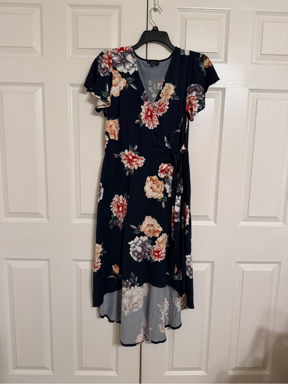 Navy Floral High-Low Wrap Dress with Tie Waist